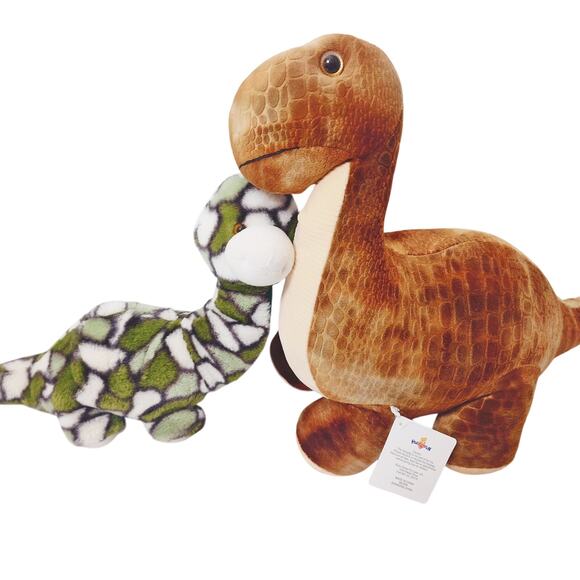 Two Plush Dinosaurs Brachiosaurus Brown & Green/White - Picture 1 of 6